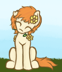 Size: 1000x1164 | Tagged: safe, anonymous artist, oc, oc only, oc:thursday, earth pony, pony, eyes closed, female, flower, flower in hair, grass, mare, one ear down, sitting, solo, sunflower