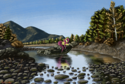 Size: 4473x3000 | Tagged: safe, artist:pony-stark, fluttershy, pegasus, pony, g4, autumn, folded wings, lake, mountain, outdoors, rock, scenery, solo, water, wings