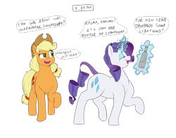 Size: 1200x947 | Tagged: safe, artist:polofastter, artist:sirmasterdufel, applejack, rarity, earth pony, pony, unicorn, g4, alcohol, champagne, drink, duo, duo female, eyebrows, eyes closed, female, horn, magic, magic aura, raised eyebrow, simple background, sketch, text, transparent background, wine