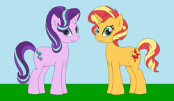 Size: 1193x693 | Tagged: safe, artist:marybethemberjoy49-1, starlight glimmer, sunset shimmer, pony, unicorn, g4, female, horn, lesbian, ship:shimmerglimmer, shipping