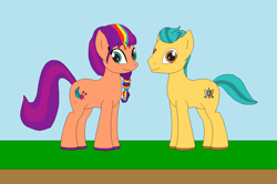 Size: 1272x846 | Tagged: safe, artist:marybethemberjoy49-1, hitch trailblazer, sunny starscout, earth pony, g4, g5, female, g5 to g4, generation leap, male, mane stripe sunny, ship:starblazer, shipping, straight