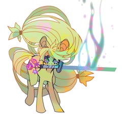 Size: 1021x1021 | Tagged: safe, artist:cutesykill, applejack, earth pony, pony, g4, beanbrows, big ears, big eyes, colored eyebrows, colored pinnae, ear piercing, earring, eyebrows, female, green eyes, jewelry, katana, keychain, long mane, long tail, mare, mouth hold, multicolored eyes, orange coat, piercing, ponytail, raised hoof, simple background, solo, sword, tail, thick eyelashes, tied mane, tied tail, weapon, white background, wingding eyes, yellow mane, yellow tail