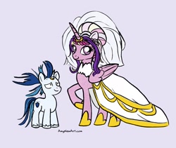 Size: 1473x1243 | Tagged: safe, artist:amynewblue, princess cadance, shining armor, alicorn, pony, unicorn, g4, 2024, alternate hairstyle, clothes, dress, duo, duo male and female, female, folded wings, height difference, hoof shoes, horn, horn ring, larger female, male, mare, meme, messy mane, not twilight sparkle, princess shoes, raised hoof, redraw, ring, ship:shiningcadance, shipping, signature, simple background, size difference, smaller male, smiling, stallion, straight, tail, the bride and the ugly ass groom, toy interpretation, unshorn fetlocks, wedding dress, wedding veil, wings