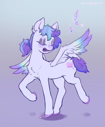 Size: 950x1150 | Tagged: safe, artist:zephyrsplume, oc, oc only, oc:sweetcloud, pegasus, pony, colored hooves, eyes closed, eyeshadow, female, freckles, gradient background, makeup, mare, music notes, pegasus oc, short tail, singing, solo, tail