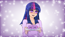 Size: 3200x1842 | Tagged: safe, artist:wojtek-ツ, derpibooru exclusive, twilight sparkle, human, g4, abstract background, backlighting, birthday cake, breasts, cake, celebration, cleavage, clothes, female, food, gift art, happy, happy birthday, horn, humanized, light skin, looking at you, name tag, open mouth, plate, signature, solo, starry background, starry eyes, wingding eyes
