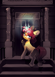 Size: 4961x7016 | Tagged: safe, artist:cutepencilcase, oc, oc only, pony, unicorn, door, glowing, glowing horn, horn, looking at you, looking back, looking back at you, magic, not apple bloom, open door, solo, stairs