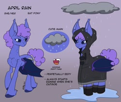 Size: 3800x3200 | Tagged: safe, artist:zackwhitefang, oc, oc only, oc:april rain, bat pony, pony, bat pony oc, cloud, gradient background, raincoat, reference sheet, solo