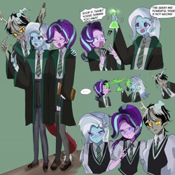 Size: 2048x2048 | Tagged: safe, artist:m09160, discord, starlight glimmer, trixie, human, equestria girls, g4, ..., clothes, elf ears, equestria girls-ified, fail, harry potter (series), potion, school uniform, slytherin, trio