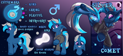 Size: 3500x1600 | Tagged: safe, artist:starcasteclipse, oc, oc only, oc:silver comet, unicorn, clothes, floppy ears, gradient background, hoodie, horn, male, reference sheet, solo, stallion
