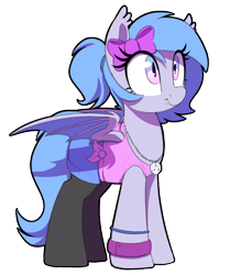Size: 952x1140 | Tagged: safe, artist:thebatfang, oc, oc only, oc:lucky roll, bat pony, pony, bat pony oc, bow, clothes, cute, dice, female, hair bow, jewelry, mare, necklace, ocbetes, partially open wings, shorts, simple background, socks, solo, transparent background, wings, wristband