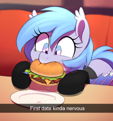 Size: 1200x1280 | Tagged: safe, artist:thebatfang, oc, oc only, oc:lucky roll, bat pony, pony, bat pony oc, burger, cheeseburger, clothes, cute, date, drool, eating, eyes on the prize, female, food, hamburger, lettuce, mare, meat, meme, mouth hold, nom, ocbetes, offscreen character, plate, ponies eating meat, pov, restaurant, silly, silly pony, snapchat, socks, solo, tomato