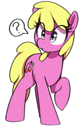 Size: 625x950 | Tagged: safe, artist:thebatfang, cherry berry, earth pony, pony, g4, cute, eye clipping through hair, female, mare, question mark, raised hoof, simple background, solo, speech bubble, transparent background