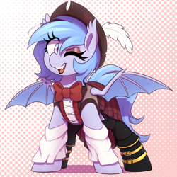 Size: 1600x1600 | Tagged: safe, artist:thebatfang, oc, oc only, oc:lucky roll, bat pony, pony, abstract background, bat pony oc, bowtie, cute, female, hat, looking at you, mare, ocbetes, one eye closed, open mouth, pirate, smiling, solo, spread wings, wings, wink