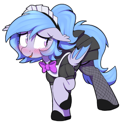 Size: 1000x1000 | Tagged: safe, artist:thebatfang, oc, oc only, oc:lucky roll, bat pony, pony, apron, bat pony oc, blushing, bowtie, clothes, cute, dress, embarrassed, female, fishnet stockings, floppy ears, maid, mare, nervous, nervous smile, ocbetes, raised hoof, shoes, simple background, smiling, solo, transparent background