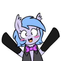 Size: 700x700 | Tagged: safe, artist:thebatfang, oc, oc only, oc:lucky roll, bat pony, bat pony oc, blush sticker, blushing, bowtie, clothes, cute, female, looking at you, mare, ocbetes, open mouth, simple background, smiling, socks, solo, transparent background