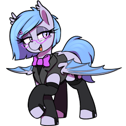 Size: 1000x1000 | Tagged: safe, artist:thebatfang, oc, oc only, oc:lucky roll, bat pony, bat pony oc, bowtie, female, glasses, lidded eyes, mare, office lady, open mouth, simple background, smiling, solo, spread wings, transparent background, wings