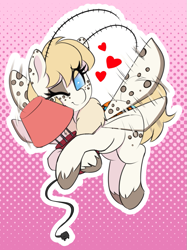 Size: 821x1100 | Tagged: safe, artist:thebatfang, oc, oc only, oc:dusty dots, moth, mothpony, original species, abstract background, cargo ship, female, floating heart, flying, gradient background, halftone effect, heart, hug, lamp, mare, one eye closed, shipping, solo