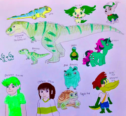 Size: 933x856 | Tagged: safe, artist:lugialover249, fizzy, oc, oc:doragon omine, alligator, budew, dinosaur, dog, human, hybrid, lizard, pig, reptile, turtle, anthro, semi-anthro, g1, angry birds, anthro with ponies, arlo the alligator boy, crossover, father and child, father and son, gradient background, green, green pig, jewelpet, leo (character), leo (movie), male, minion pig, netflix, paw patrol, peridot (jewelpet), pokémon, rocky (paw patrol), speckles, speckles jr., speckles: the tarbosaurus, squirtle (leo), tarbosaurus, the angry birds movie, the dino king, theropod, traditional art, tuatara