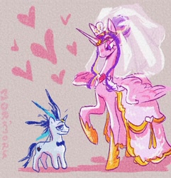 Size: 1637x1699 | Tagged: safe, artist:morimoru, princess cadance, shining armor, alicorn, pony, unicorn, g4, 2024, alternate hairstyle, bowtie, clothes, concave belly, dress, duo, duo male and female, female, height difference, hoof shoes, horn, horn ring, larger female, lidded eyes, looking down, male, mare, meme, messy mane, princess shoes, raised hoof, redraw, ring, ship:shiningcadance, shipping, signature, size difference, slender, smaller male, spread wings, stallion, straight, tail, the bride and the ugly ass groom, thin, toy interpretation, wedding dress, wedding veil, wings