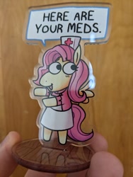 Size: 756x1008 | Tagged: safe, artist:punkittdev, fluttershy, pegasus, semi-anthro, g4, cute, dialogue, female, flutternurse, irl, mare, nurse outfit, open mouth, open smile, photo, shyabetes, smiling, solo, speech bubble, take your meds