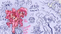 Size: 1920x1080 | Tagged: safe, artist:pox_0i, gummy, pinkie pie, alligator, earth pony, human, pony, g4, alternate hairstyle, apron, clothes, female, humanized, mare, self paradox, self ponidox, sketch, sketch dump, skirt