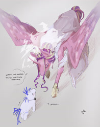 Size: 3000x3820 | Tagged: safe, artist:pox_0i, princess cadance, shining armor, alicorn, pony, unicorn, g4, alternate hairstyle, blushing, bowtie, clothes, curved horn, dialogue, dress, duo, female, gray background, height difference, hoof shoes, horn, jewelry, male, mare, meme, redraw, regalia, ship:shiningcadance, shipping, simple background, stallion, straight, the bride and the ugly ass groom, toy interpretation, wedding dress