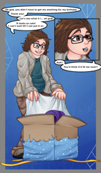 Size: 875x1500 | Tagged: safe, artist:krasney, part of a set, rarity, human, comic:a darling gift, g4, box, clothes, comic, costume, dialogue, glasses, gradient background, human male, human to pony, male, male to female, offscreen character, pony costume, ponysuit, present, rule 63, solo, speech bubble, suiting, transformation, transformation sequence, transgender transformation