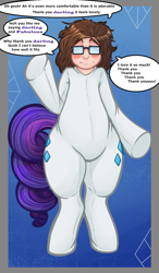 Size: 875x1500 | Tagged: safe, artist:krasney, part of a set, rarity, human, comic:a darling gift, g4, blushing, clothes, comic, costume, darling, dialogue, glasses, gradient background, human male, human to pony, looking at you, male, male to female, mental shift, offscreen character, partially undressed, pony costume, ponysuit, rule 63, smiling, solo, speech bubble, speech change, transformation, transformation sequence, transgender transformation, wavy mouth