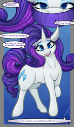 Size: 875x1500 | Tagged: safe, artist:krasney, part of a set, rarity, pony, unicorn, comic:a darling gift, g4, clothes, comic, costume, dialogue, female, gradient background, horn, human to pony, hypnogear, looking at you, male to female, mare, mental shift, mind control, offscreen character, open mouth, open smile, pet play, raised hoof, rule 63, smiling, smiling at you, solo, speech bubble, speech change, talking to viewer, transformation, transformation sequence, transgender transformation, visor
