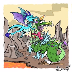 Size: 2048x2048 | Tagged: safe, artist:jim miller, princess ember, rainbow dash, rarity, twilight sparkle, dragon, pony, g4, crackle's cousin, dragon costume, dragoness, female, lava, mare, motion lines, noogie, passepartout, signature, spread wings, this will end in death, this will end in tears, this will end in tears and/or death, wings