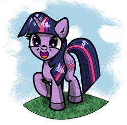 Size: 1848x1816 | Tagged: safe, artist:scandianon, twilight sparkle, pony, unicorn, g4, female, happy, horn, looking up, mare, open mouth, open smile, outdoors, raised hoof, smiling, solo, unicorn twilight