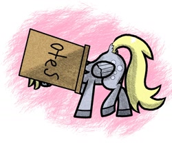 Size: 1502x1300 | Tagged: safe, artist:scandianon, derpy hooves, pegasus, pony, g4, box, female, mare, misspelling, raised hoof, solo, stuck