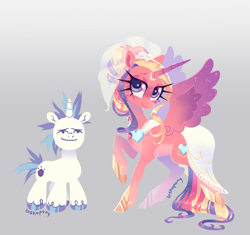 Size: 2212x2080 | Tagged: safe, artist:bishopony, princess cadance, shining armor, alicorn, pony, unicorn, g4, alternate hairstyle, blush scribble, blushing, clothes, dress, duo, duo male and female, female, gradient background, height difference, high res, horn, horn ring, jewelry, larger female, lidded eyes, male, mare, meme, messy mane, raised hoof, ring, ship:shiningcadance, shipping, size difference, smaller male, spread wings, stallion, straight, the bride and the ugly ass groom, toy interpretation, wedding dress, wedding ring, wedding veil, wings