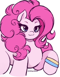 Size: 1601x2048 | Tagged: safe, artist:artmorheart, pinkie pie, earth pony, pony, g4, :3, bangles, bedroom eyes, cute, female, lidded eyes, mare, raised hoof, simple background, smiling, solo, white background