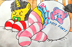 Size: 3315x2166 | Tagged: safe, artist:bitter sweetness, oc, oc only, oc:bitter sweetness, pony, unicorn, abdl, adult foal, bed, clothes, crib, diaper, diaper butt, diaper fetish, eyes closed, fetish, horn, lying down, lying on bed, mattress, non-baby in diaper, on bed, pacifier, poofy diaper, sleeping, socks, solo, striped socks, traditional art, unicorn oc