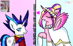 Size: 2065x1323 | Tagged: safe, artist:milochanz!, princess cadance, alicorn, pony, unicorn, g4, clothes, dress, duo, female, horn, jewelry, male, mare, meme, messy mane, ring, sash, spiky mane, stallion, the bride and the ugly ass groom, toy interpretation, wedding dress, wedding ring