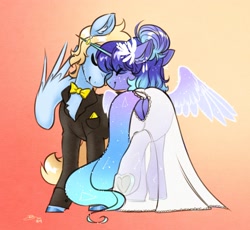 Size: 2415x2226 | Tagged: safe, artist:opalacorn, oc, oc only, oc:asteria, oc:blue skies, pegasus, pony, unicorn, artificial wings, augmented, bowtie, butt, chest fluff, clothes, constellation hair, dress, duo, duo male and female, eyes closed, female, floppy ears, frog (hoof), gradient background, horn, horn ring, jewelry, magic, magic wings, male, mare, nuzzling, oc x oc, plot, pocket square, ring, see-through, shipping, smiling, stallion, straight, tuxedo, underhoof, wedding dress, wedding ring, wings