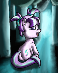 Size: 2400x3000 | Tagged: safe, artist:saburodaimando, starlight glimmer, pony, unicorn, g4, butt, female, filly, filly starlight glimmer, forest, glimmer glutes, high res, horn, looking at you, looking back, looking back at you, nature, open mouth, open smile, pigtails, plot, smiling, solo, tree, younger
