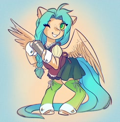 Size: 2007x2048 | Tagged: safe, artist:opalacorn, oc, oc only, pegasus, pony, semi-anthro, bartender, bipedal, clothes, eye clipping through hair, female, gradient background, grin, mare, one eye closed, one wing out, skirt, smiling, solo, wings