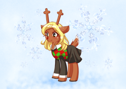 Size: 1052x744 | Tagged: safe, artist:chiefywiffy, deer, deer pony, hybrid, original species, pony, clothes, deltarune, noelle holiday, ponified, skirt, solo, sweater