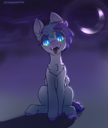 Size: 1600x1900 | Tagged: safe, alternate version, artist:zephyrsplume, oc, oc only, oc:sweetcloud, bat pony, hybrid, pegasus, pony, bat pony oc, colored hooves, crescent moon, dark background, fangs, glowing, glowing eyes, head tilt, hybrid oc, moon, sitting, solo, tongue out