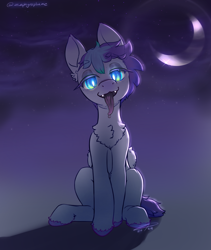 Size: 1600x1900 | Tagged: safe, alternate version, artist:zephyrsplume, oc, oc only, oc:sweetcloud, bat pony, hybrid, pegasus, pony, bat pony oc, colored hooves, crescent moon, dark background, drool, eyeshadow, fangs, glowing, glowing eyes, head tilt, hybrid oc, lidded eyes, long tongue, makeup, moon, sitting, solo, tongue out