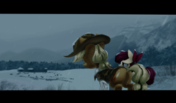 Size: 2725x1588 | Tagged: safe, artist:brainr0tter, apple bloom, applejack, earth pony, pony, g4, clothes, duo, grass, hat, mountain, scenery, snow, snowfall, vest, winter