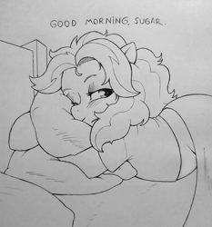 Size: 3034x3256 | Tagged: safe, artist:public mistake, oc, oc only, oc:beach love, earth pony, pony, bed, female, grayscale, looking at you, mare, monochrome, morning ponies, one eye closed, pencil drawing, pillow, smiling, smiling at you, solo, talking to viewer, traditional art