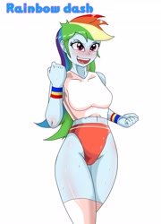Size: 2954x4096 | Tagged: safe, artist:slasheramaya, rainbow dash, human, equestria girls, g4, female, fist, high res, open mouth, open smile, simple background, smiling, solo, sweat, white background