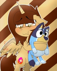 Size: 1599x2000 | Tagged: safe, artist:paintbrush569, oc, oc only, alicorn, pony, alicorn oc, bipedal, bluey, bluey heeler, horn, plushie, wings