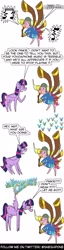 Size: 1000x3900 | Tagged: safe, artist:sneshpone, pinkie pie, twilight sparkle, alicorn, earth pony, parasprite, pony, g4, season 8, yakity-sax, :c, >:c, angry, brutal honesty, comic, dialogue, frown, helmet, honorary yak horns, horned helmet, music notes, musical instrument, parody, playing instrument, simple background, speech bubble, summoning, twilight sparkle (alicorn), viking helmet, white background, yovidaphone