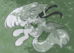 Size: 2560x1848 | Tagged: safe, artist:bellumangeli, artist:tttips!, oc, oc only, pegasus, pony, choker, dappled sunlight, ear fluff, field, hooves, jewelry, light skin, long hair, pegasus oc, shadow, sleeping, small wings, solo, tail, tree, white hair, white tail, wings