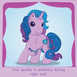 Size: 1201x1201 | Tagged: safe, artist:prixy05, izzy moonbow, pony, unicorn, g3, g5, blue background, bracelet, female, friendship bracelet, g5 to g3, generation leap, horn, jewelry, mare, simple background, solo, text