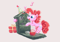 Size: 4093x2894 | Tagged: safe, artist:xallaanacyoxcyor, fluttershy, pinkie pie, earth pony, pony, g4, bipedal, bipedal leaning, female, gravestone, hat, implied death, leaning, mare, music notes, party hat, present, simple background, solo